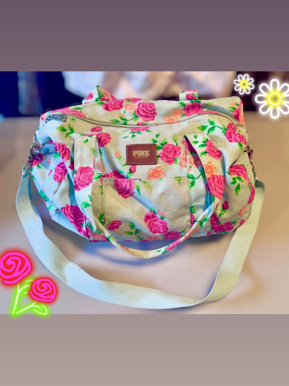 Vintage PINK Victoria's Secret Canvas Travel Tote w/ Neon Pink Rose Print *RARE*